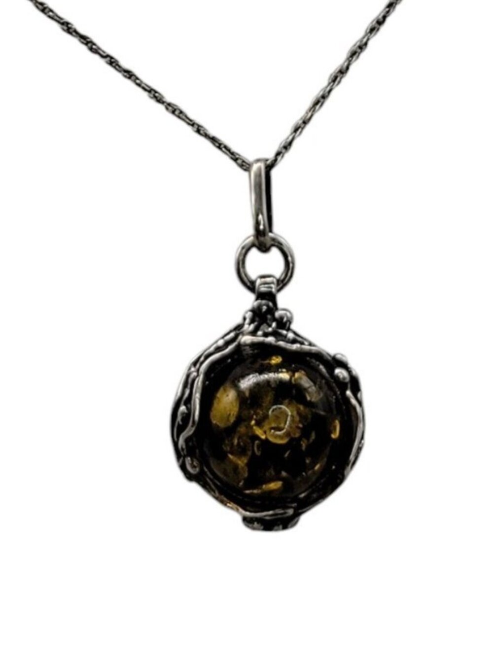 Sterling Silver Ornate Baltic Amber Pendant Necklace 925 Setting 18" Cable Chain - Picture 15 of 16